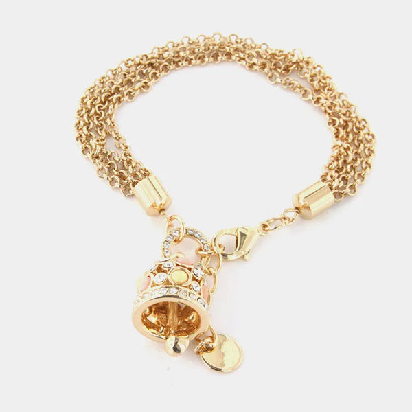 Bracciale in Metallo catena multifilo, con campana pendente impreziosita da cristalli colorati e punti luce bianchi - BYSIMON gioielli