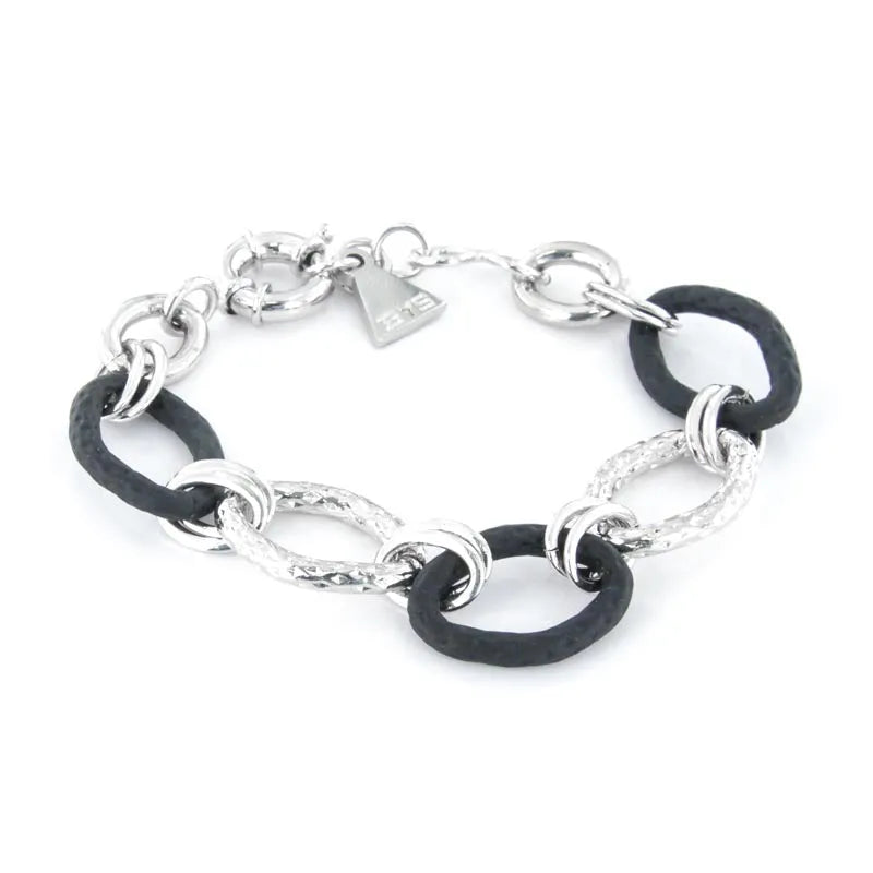 Bracciale in Metallo a catena lavorata, con elementi smaltati in gomma nera