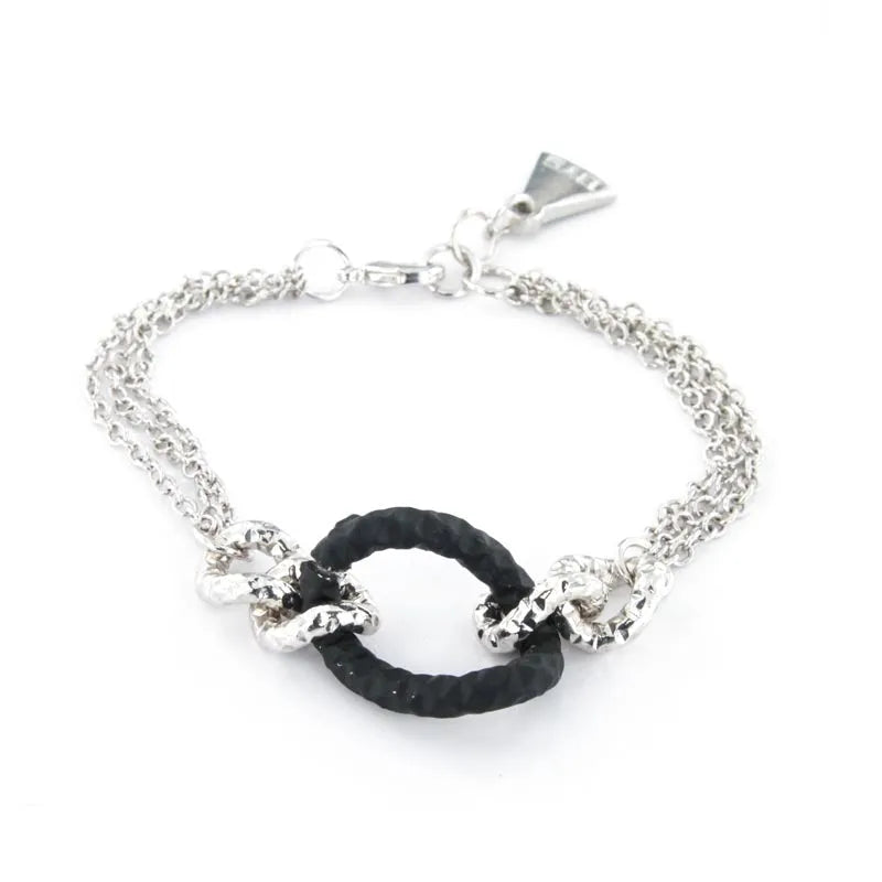 Bracciale in Metallo a catena multifilo con elemento centrale smaltato in gomma  nera