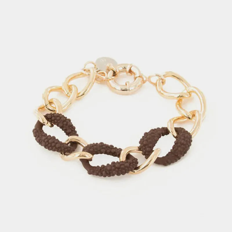 Bracciale in Metallo a catena lucida con elementi smaltati in gomma marrone
