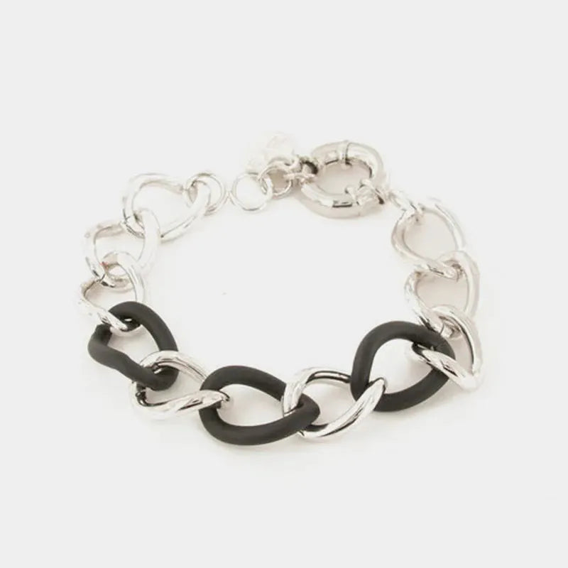 Bracciale in Metallo a catena lucida con elementi smaltati in gomma nera