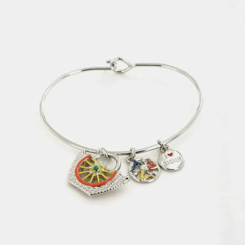 Bracciale in Metallo rigido, con coffa siciliana impreziosita da disegno ruota carretto in smalti colorati