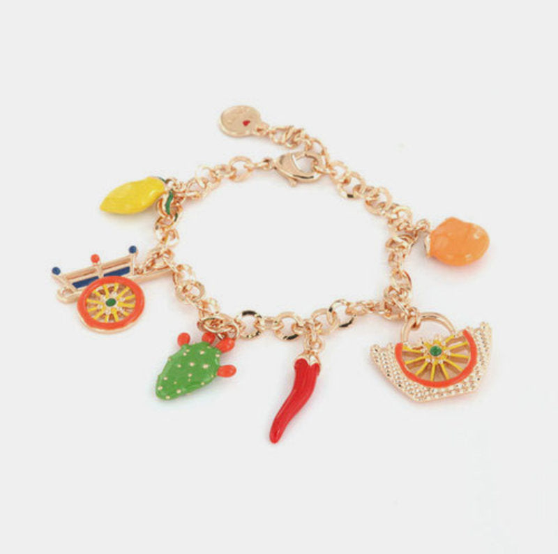 Bracciale in Metallo con charm siciliani, carretto, coffa, fico d'india, corno portafortuna - BYSIMON gioielli