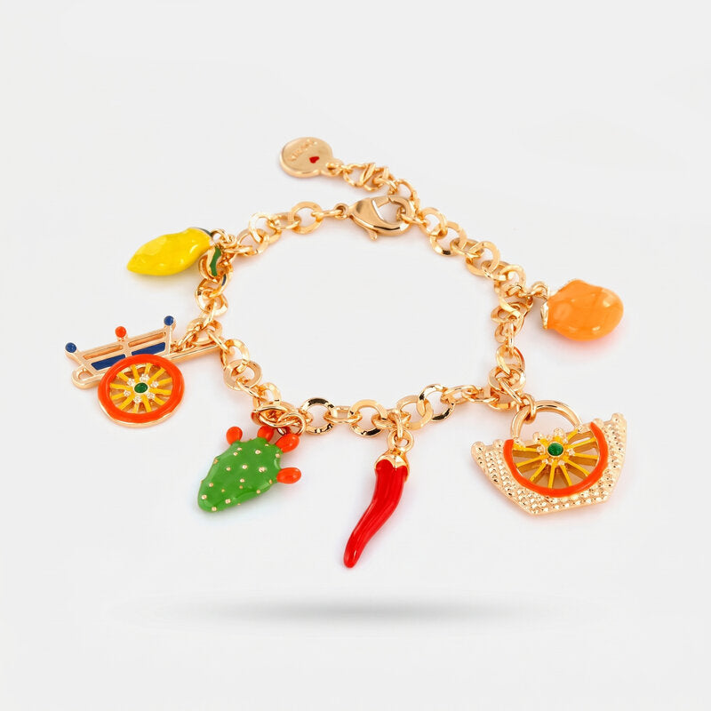 Bracciale in metallo con corno portafortuna e charm siciliani | cornetti portafortuna | BYSIMON