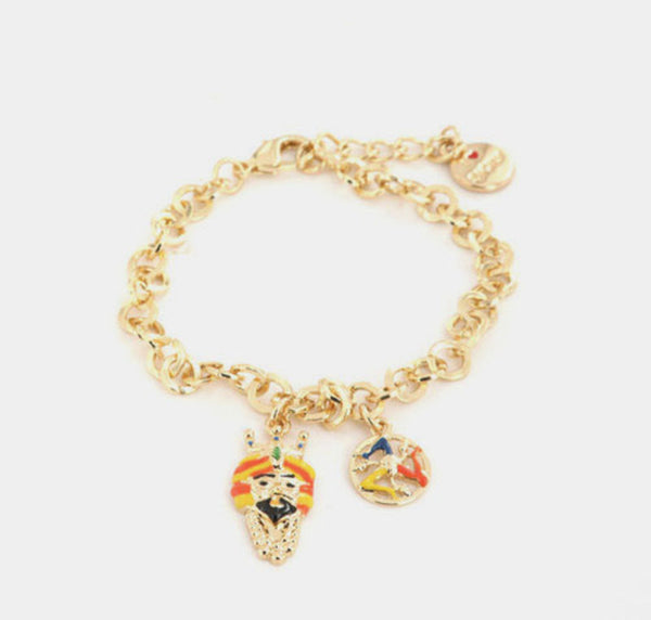 Bracciale in Metallo maglia rolò, con testa di moro e trinacria pendenti, impreziosite da smalti colorati - BYSIMON gioielli