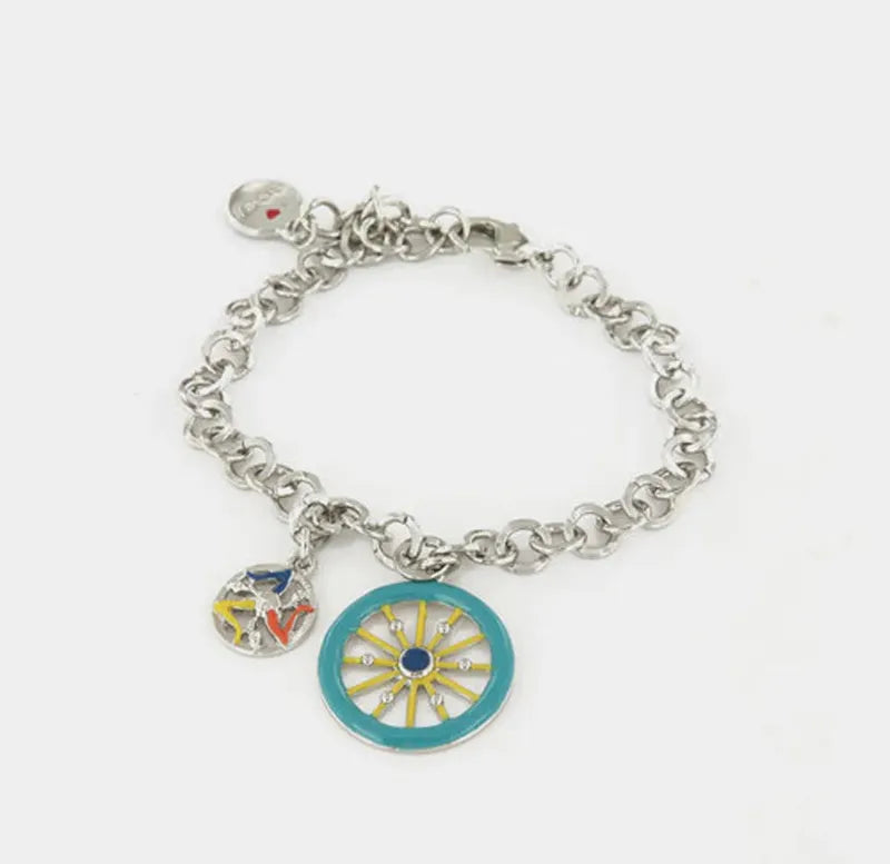 Bracciale in Metallo maglia rolò, con ruota carretto siciliano pendente impreziosita da smalti colorati