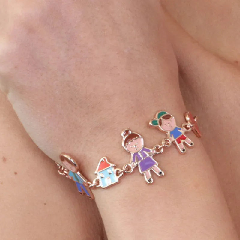 Metal bracelet with family charms embellished with colorful enamels