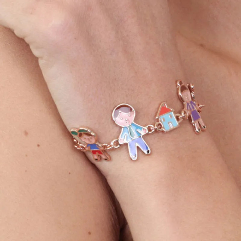Metal bracelet with family charms embellished with colored enamel