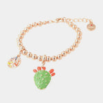 Bracciale in Metallo maglia a sfere, con fico d'india pendente, impreziosito da smalto verde e punte di smalto rosso - BYSIMON gioielli