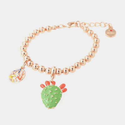 Bracciale in Metallo maglia a sfere, con fico d'india pendente, impreziosito da smalto verde e punte di smalto rosso - BYSIMON gioielli