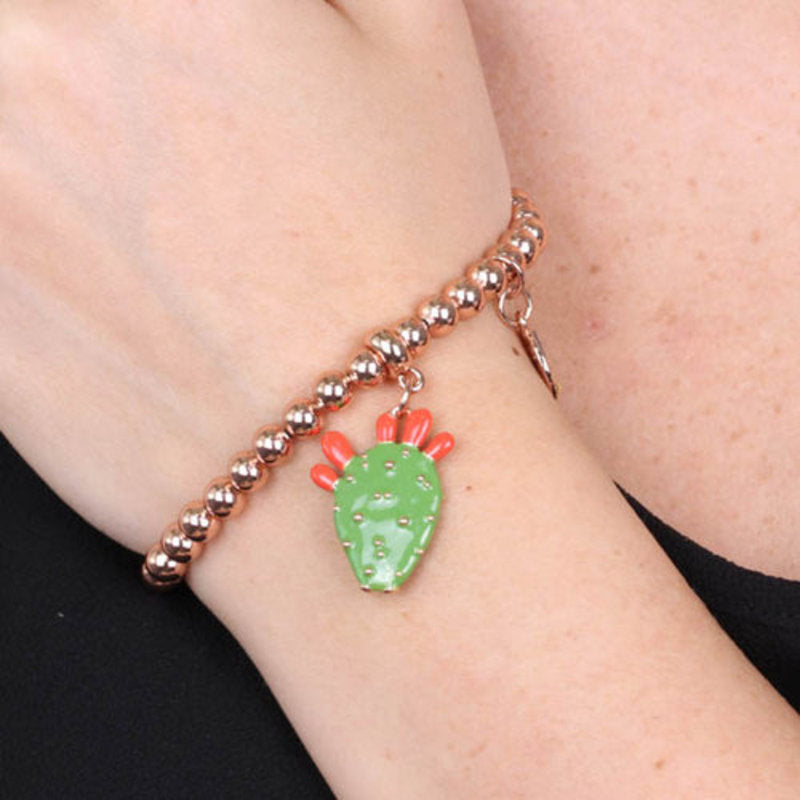 Bracciale in Metallo maglia a sfere, con fico d'india pendente, impreziosito da smalto verde e punte di smalto rosso - BYSIMON gioielli