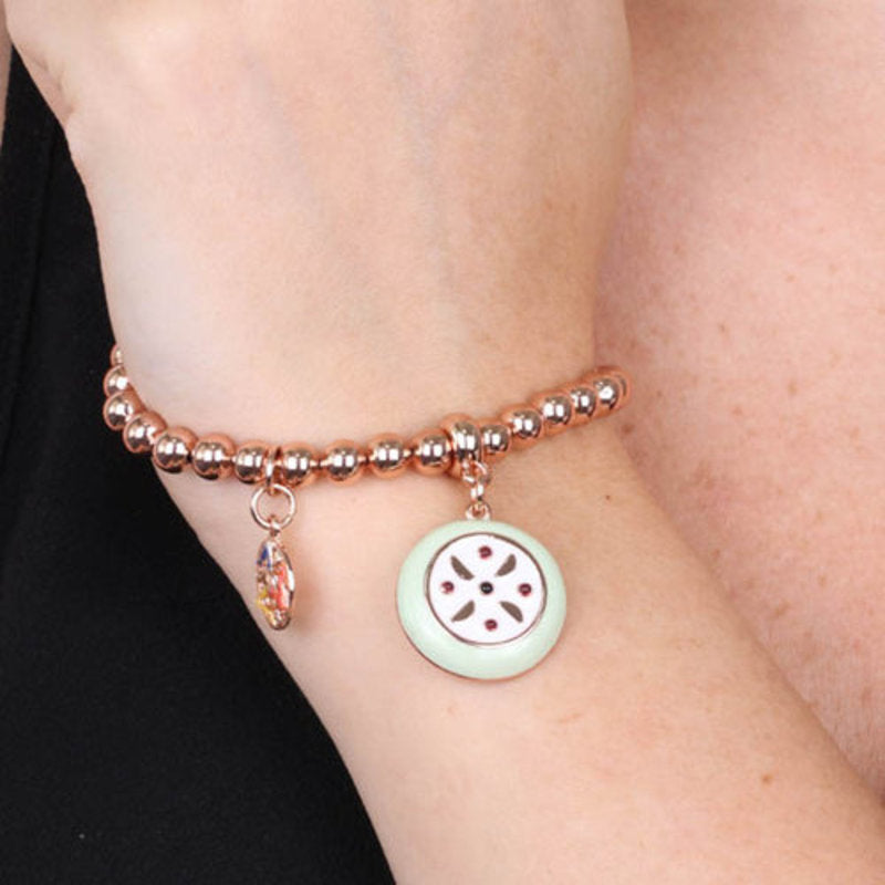 Bracciale in Metallo maglia a sfere, con cassata siciliana pendente, impreziosita da smalti colorati