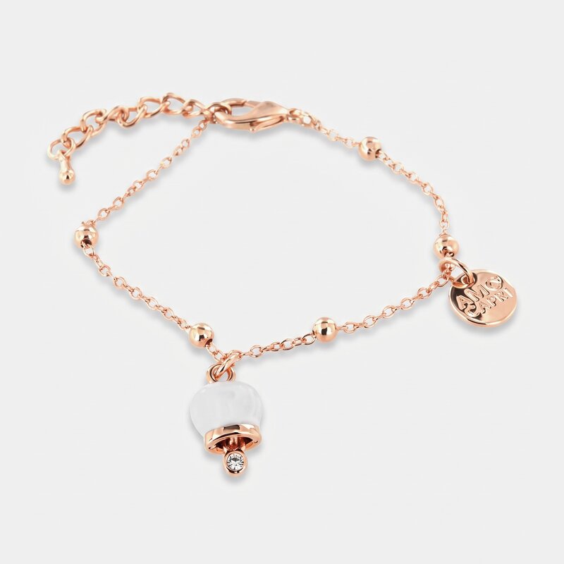 Bracciale in Metallo con campanella portafortuna pendente, impreziosita da smalto bianco e punto luce - BYSIMON gioielli