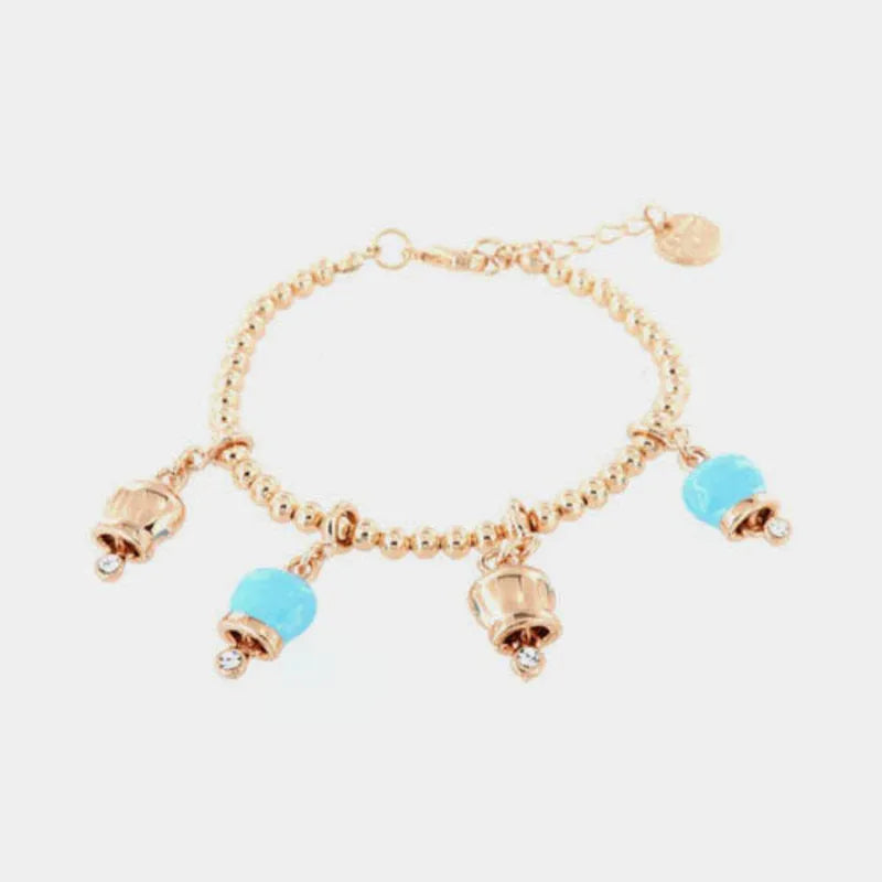 Bracciale in Metallo maglia sfere, con ciondoli campanelle portafortuna, impreziosite da smalto turchese e cristalli - BYSIMON gioielli