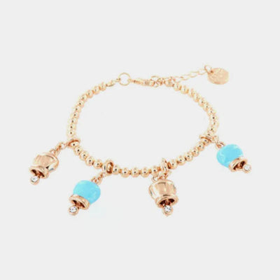 Bracciale in Metallo maglia sfere, con ciondoli campanelle portafortuna, impreziosite da smalto turchese e cristalli - BYSIMON gioielli
