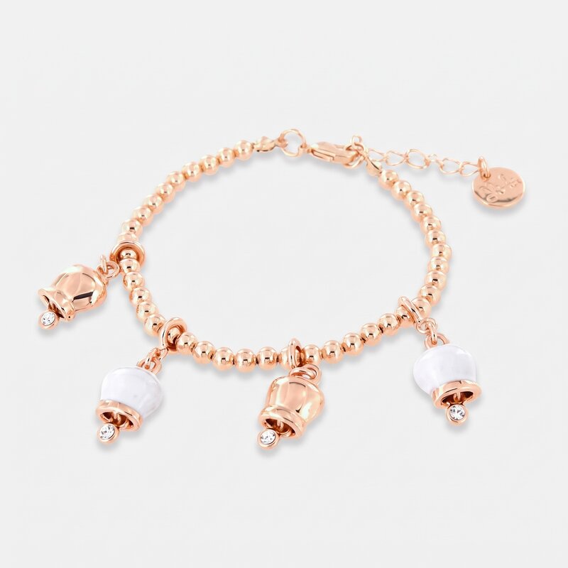 Bracciale in Metallo maglia sfere, con ciondoli campanelle portafortuna, impreziosite da smalto bianco e cristalli - BYSIMON gioielli