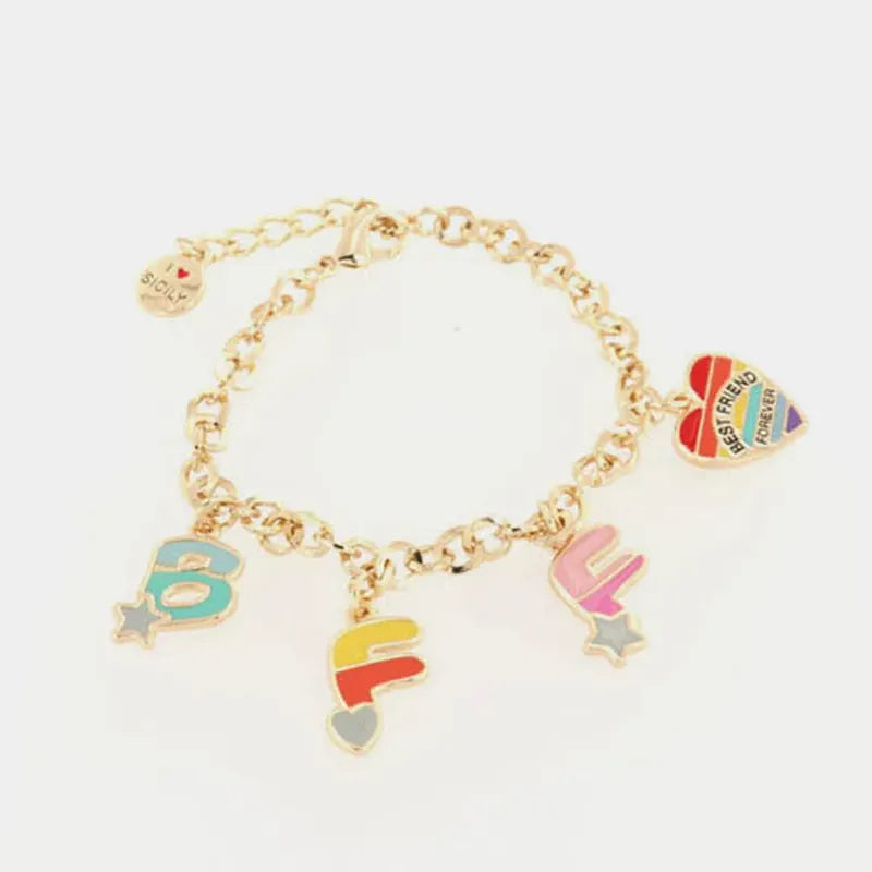 Bracciale in Metallo ciondoli lettere e cuore, pendenti  impreziositi da smalti colorati