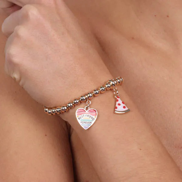 Bracciale in Metallo  con ciondoli pizza e cuore pendenti,  impreziositi da smalti colorati