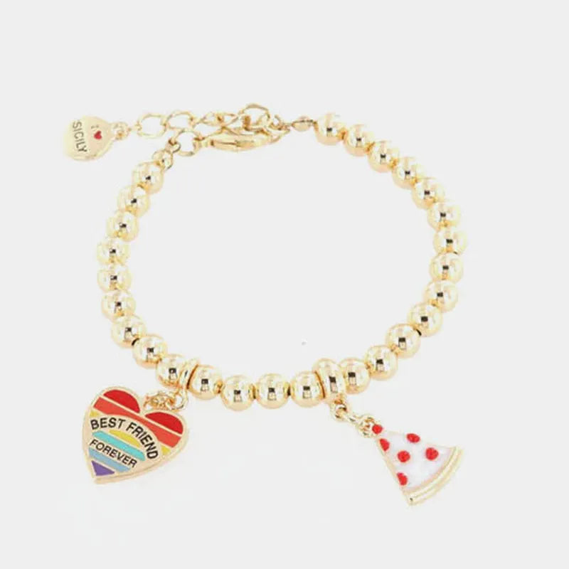 Bracciale in Metallo  con ciondoli pizza e cuore pendenti,  impreziositi da smalti colorati