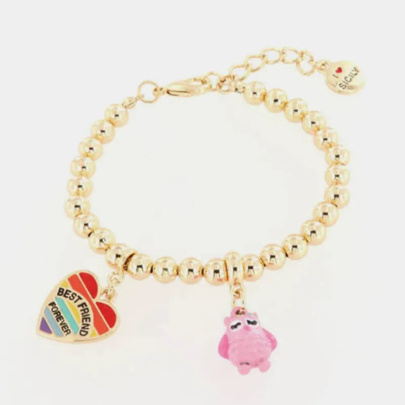 Bracciale in Metallo ciondoli gufetto e cuore con scritta pendendi,  impreziositi da smalti colorati
