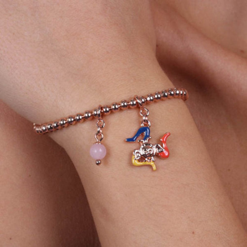 Bracciale in Metallo maglia a sfere piccole, con trinacria impreziosita da smalti e perlina rosa, pendenti SICILY - gioiello 