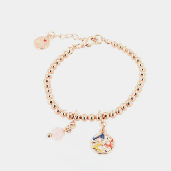 Bracciale in Metallo maglia a sfere piccole, con trinacria impreziosita da smalti e perlina rosa, pendenti - BYSIMON gioielli