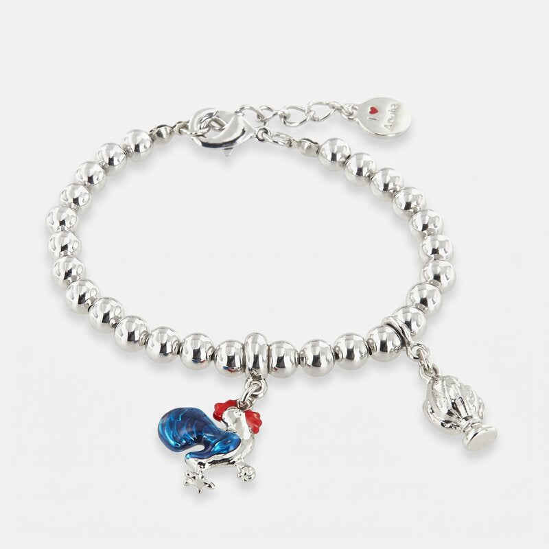 Bracciale in Metallo con gallo pendente impreziosito da smalti colorati e mini pumo pendente - BYSIMON gioielli