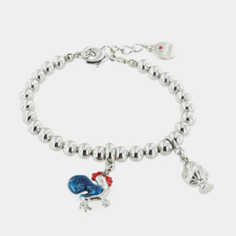 Metal bracelet with rooster pendant embellished with colorful enamels and mini pumo pendant