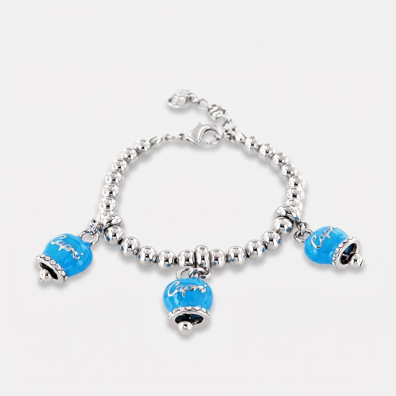 Bracciale in Metallo maglia a sfere, con tre campanelle portafortuna smaltate azzurre e cristalli