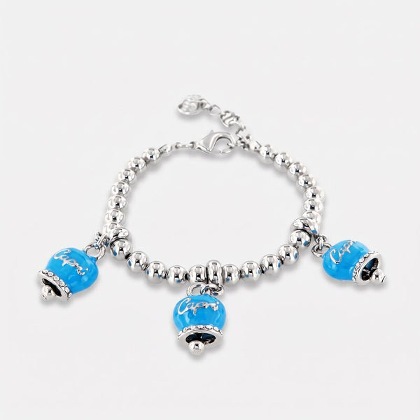 Bracciale in Metallo maglia a sfere, con tre campanelle portafortuna smaltate azzurre e cristalli