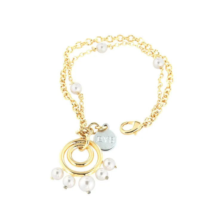 Bracciale in Metallo multifilo, con pendente a cerchi,  impreziosito da sfere effetto perla