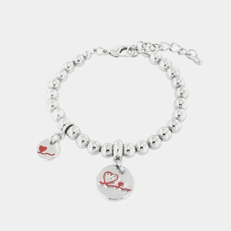 Bracciale in Metallo maglia a sfere con cuori pendenti in smalto rosso
