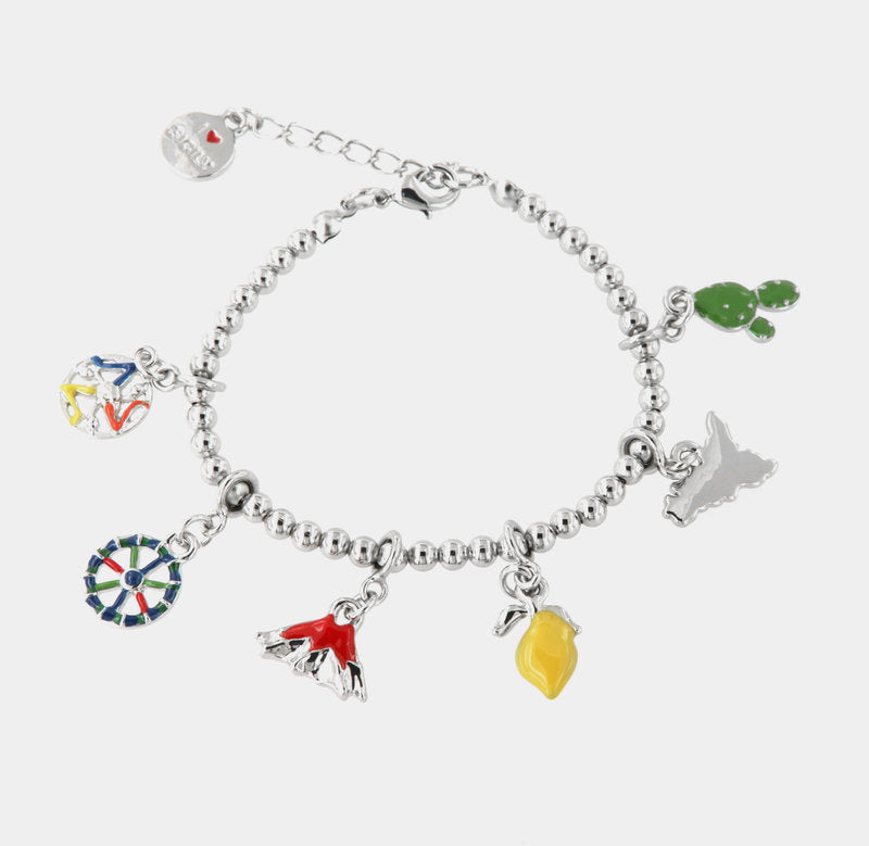 Bracciale in Metallo con charm siciliani, vulcano Etna, fico d'india e limone - BYSIMON gioielli