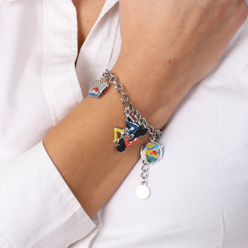 Metal Bracelet with colorful Sicilian charms: Coffa bag, tambourine and Sicily