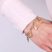 Bracciale in Metallo maglia rolò, multiciondolo, con anfore pendenti, impreziosite da smalti colorati