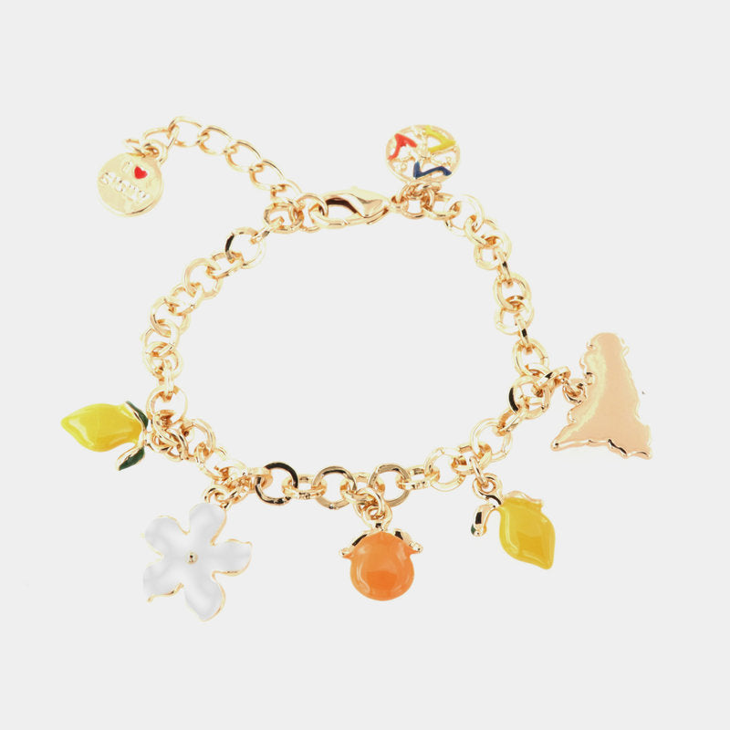 Bracciale in Metallo maglia rolò. Con agrumi di Sicilia e fiori pendenti, impreziositi da smalti colorati - BYSIMON gioielli