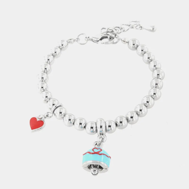 Bracciale in Metallo con campanella turchese e filo rosso con cuore