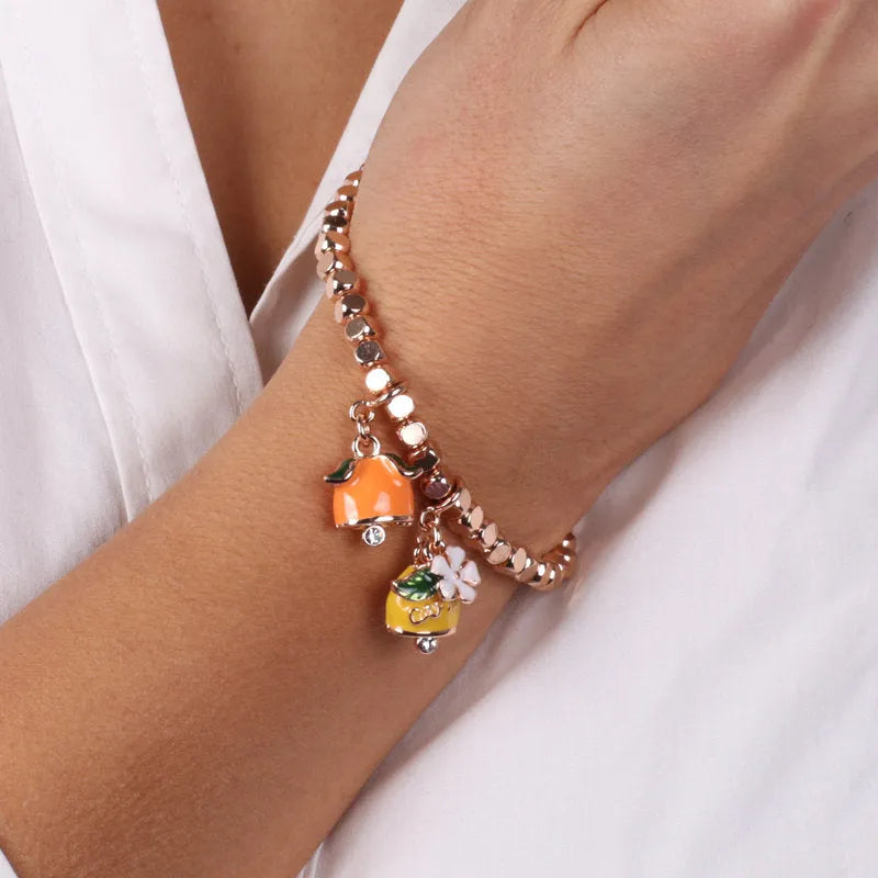 Bracciale in Metallo con maglia a dadini, agrumi forma campanelle impreziosite da cristalli - BYSIMON gioielli