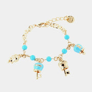 Bracciale in Metallo maglia rolò con charms lucchetto a campanella e chiave in smalto turchese