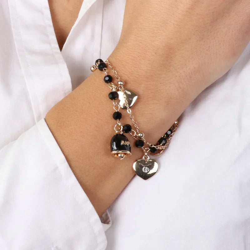 Bracciale in Metallo con cuore, cristalli bianchi e campanella portafortuna - BYSIMON gioielli