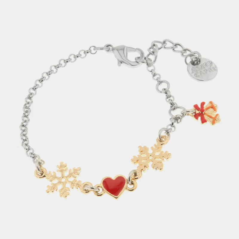 Bracciale in Metallo con fiocco di neve, cuore rosso e campanella portafortuna