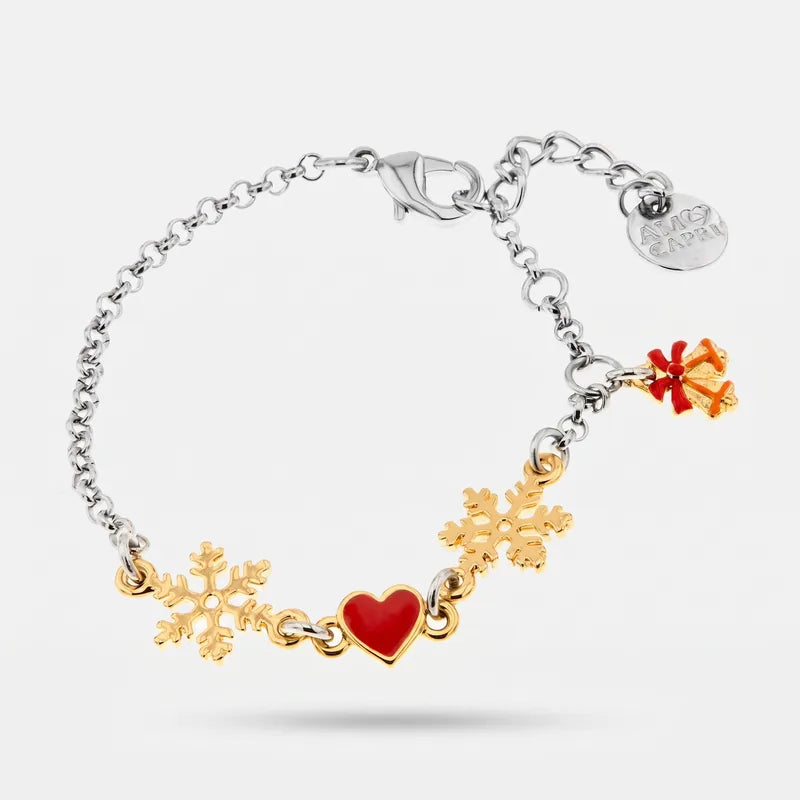 Bracciale in Metallo con fiocco di neve, cuore rosso e campanella portafortuna