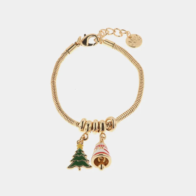 Metal bracelet with tree-shaped pendants and lucky bell