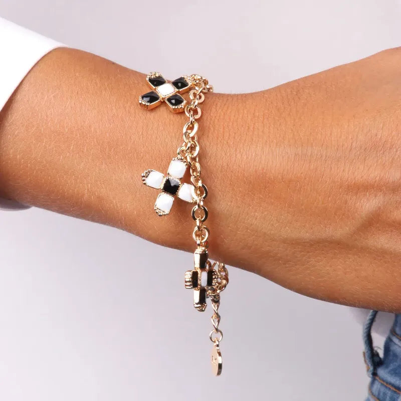 Bracciale in Metallo con pendenti a forma di croce impreziosite da cristalli e smalti