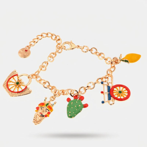 Bracciale in Metallo  oro rosa con charms colorati Sicilia, limone, coffa, testa di moro - BYSIMON gioielli