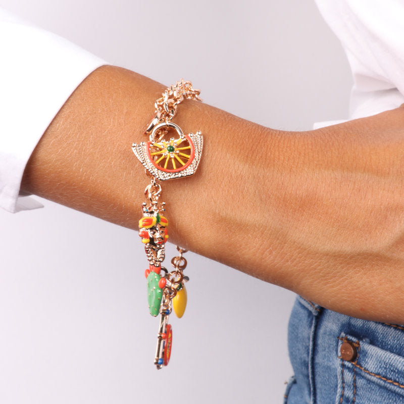 Bracciale in Metallo  oro rosa con charms colorati Sicilia, limone, coffa, testa di moro - BYSIMON gioielli