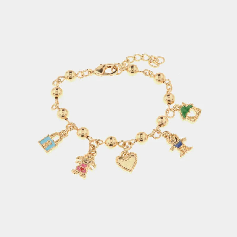 Bracciale in Metallo con pendenti a forma di lucchetto, bimba, cuore, bimbo e casa con cuore