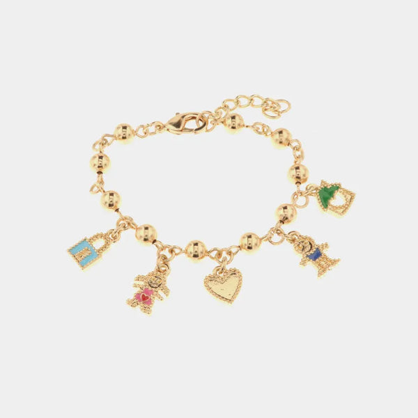 Metal bracelet with pendants in the shape of a padlock, girl, heart, boy and house with heart