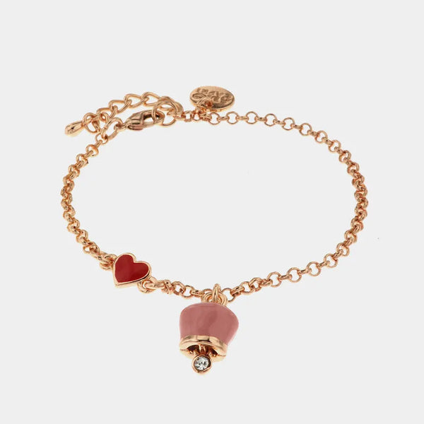 Bracciale in Metallo con cuore rosso e campanella portafortuna pendente, impreziosita da smalto rosa e punto luce - BYSIMON gioielli