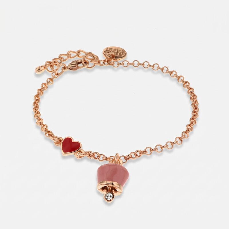 Bracciale in Metallo con cuore rosso e campanella portafortuna pendente, impreziosita da smalto rosa e punto luce - BYSIMON gioielli